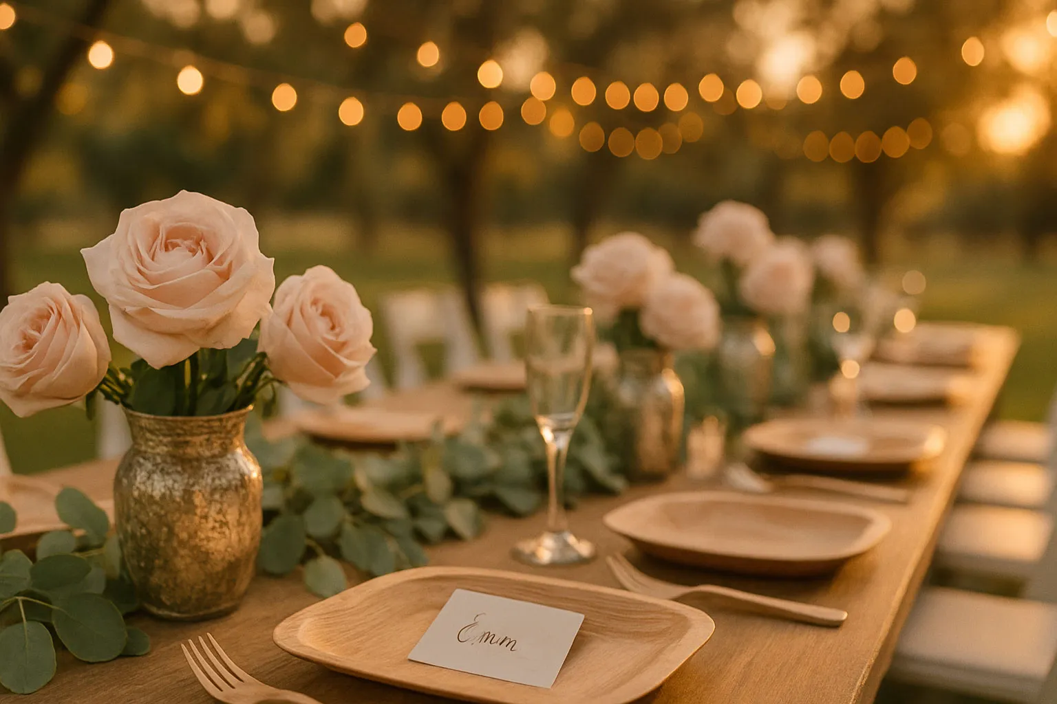 eco-friendly wedding palm leaf setting flowers